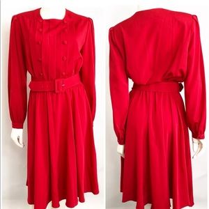 Vtg Hana Sung Dress Size 10 Red Bib Belt Pleated